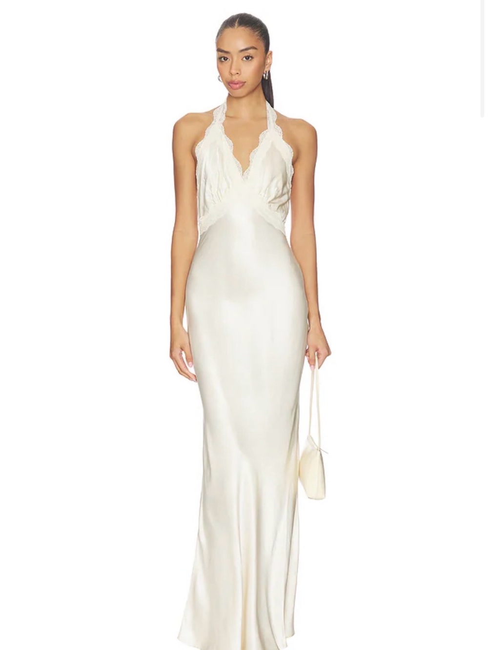 REVOLVE Tonya Slip Maxi Dress in Creme with Halter Lace-Trim